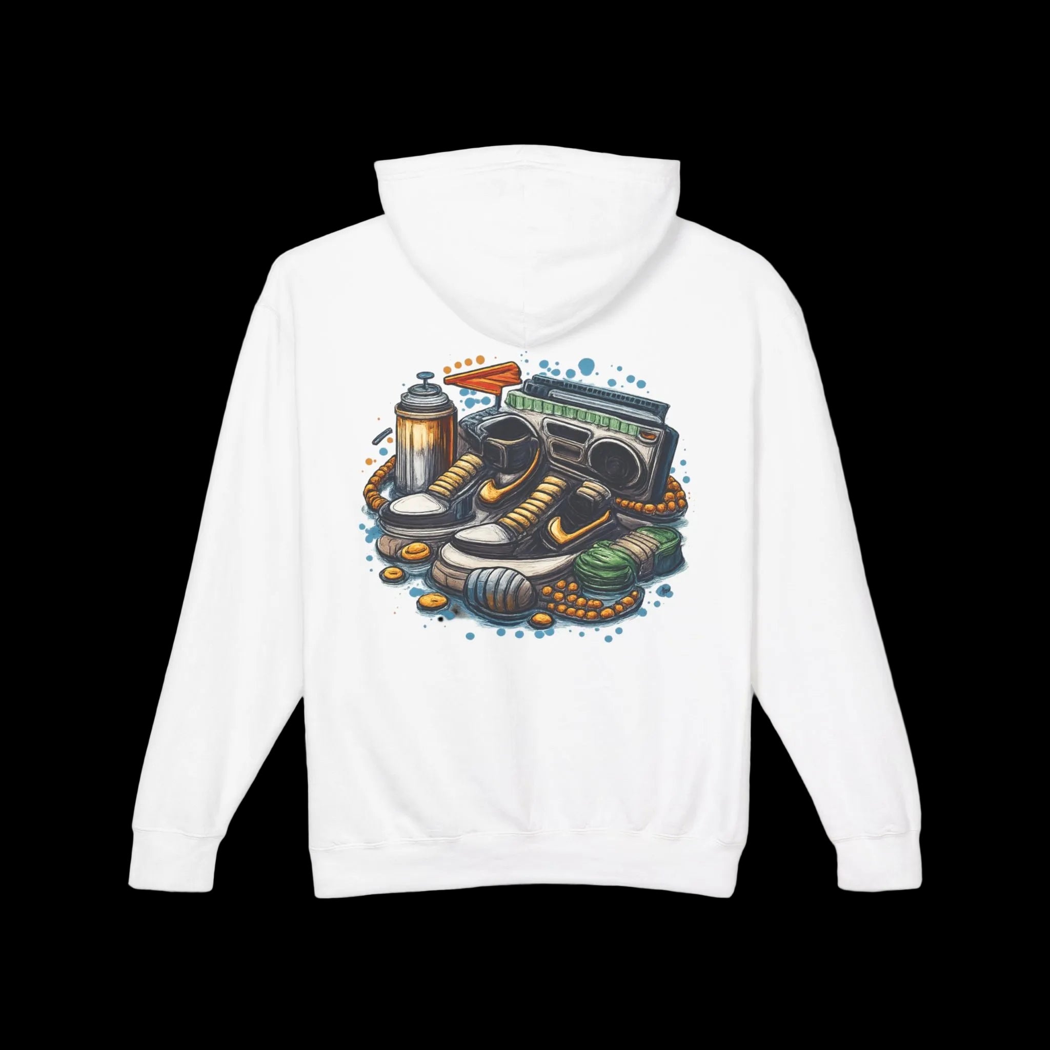 Retro Streetwear Hoodie — Sneakers, Boombox & Spray Can Graphic