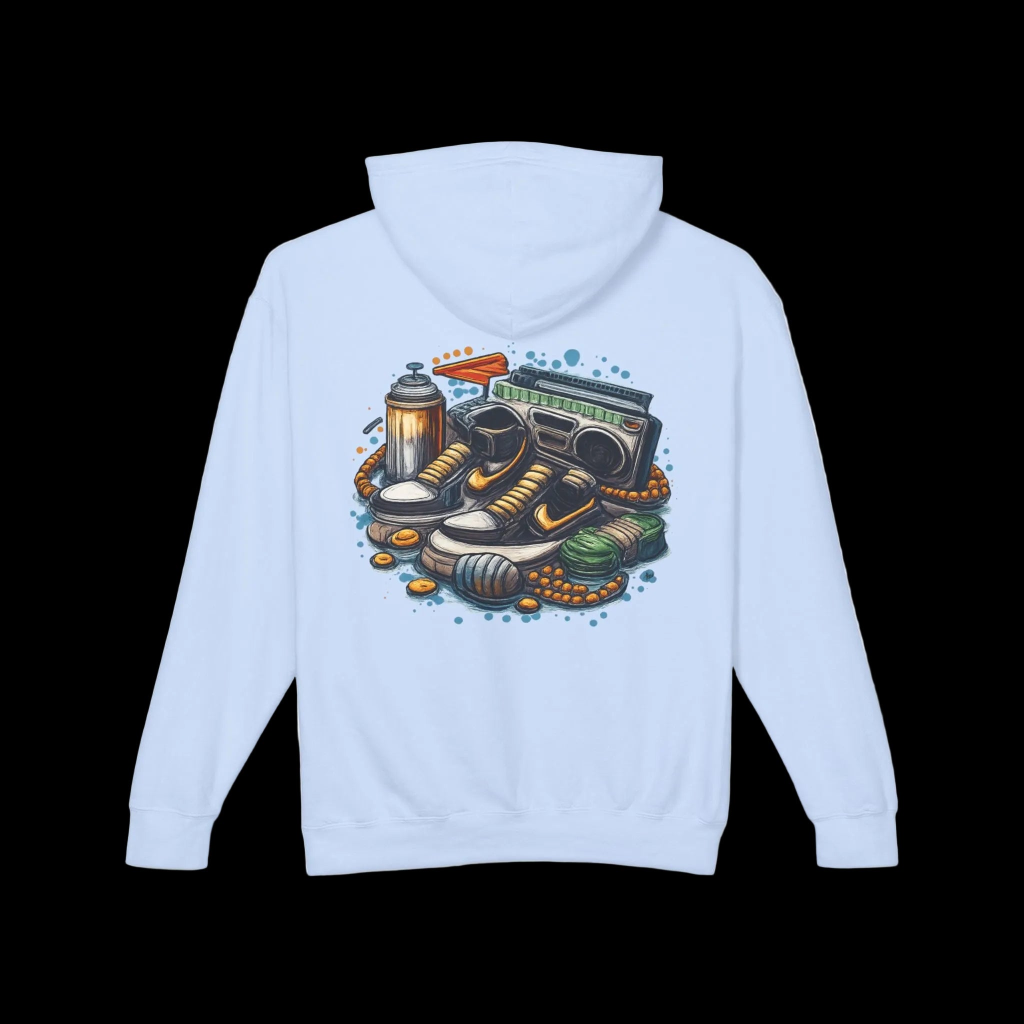 Retro Streetwear Hoodie — Sneakers, Boombox & Spray Can Graphic