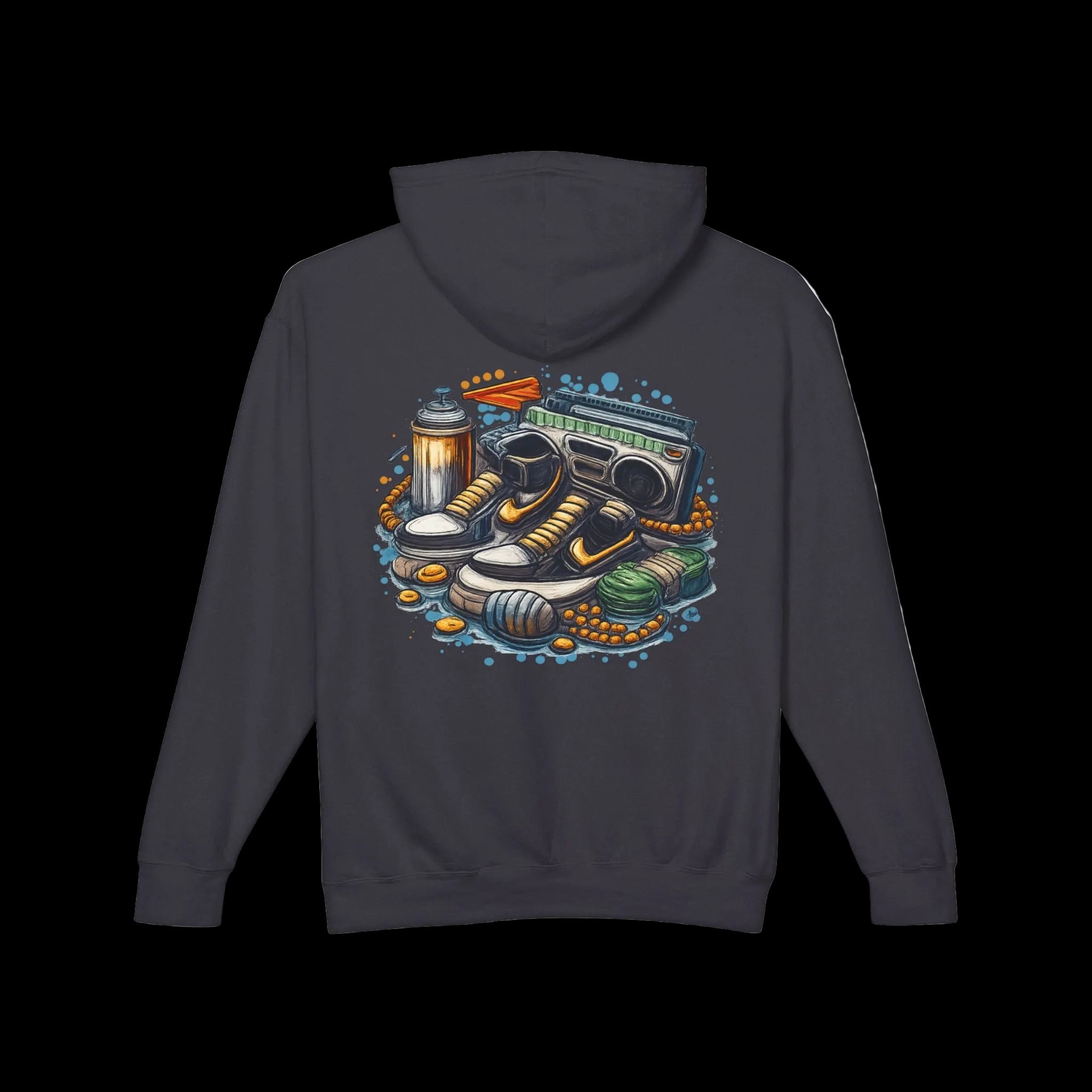 Retro Streetwear Hoodie — Sneakers, Boombox & Spray Can Graphic