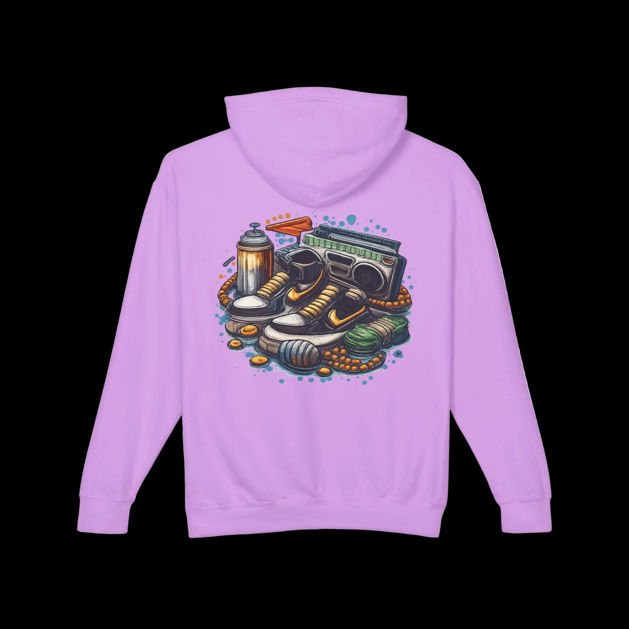 Retro Streetwear Hoodie — Sneakers, Boombox & Spray Can Graphic