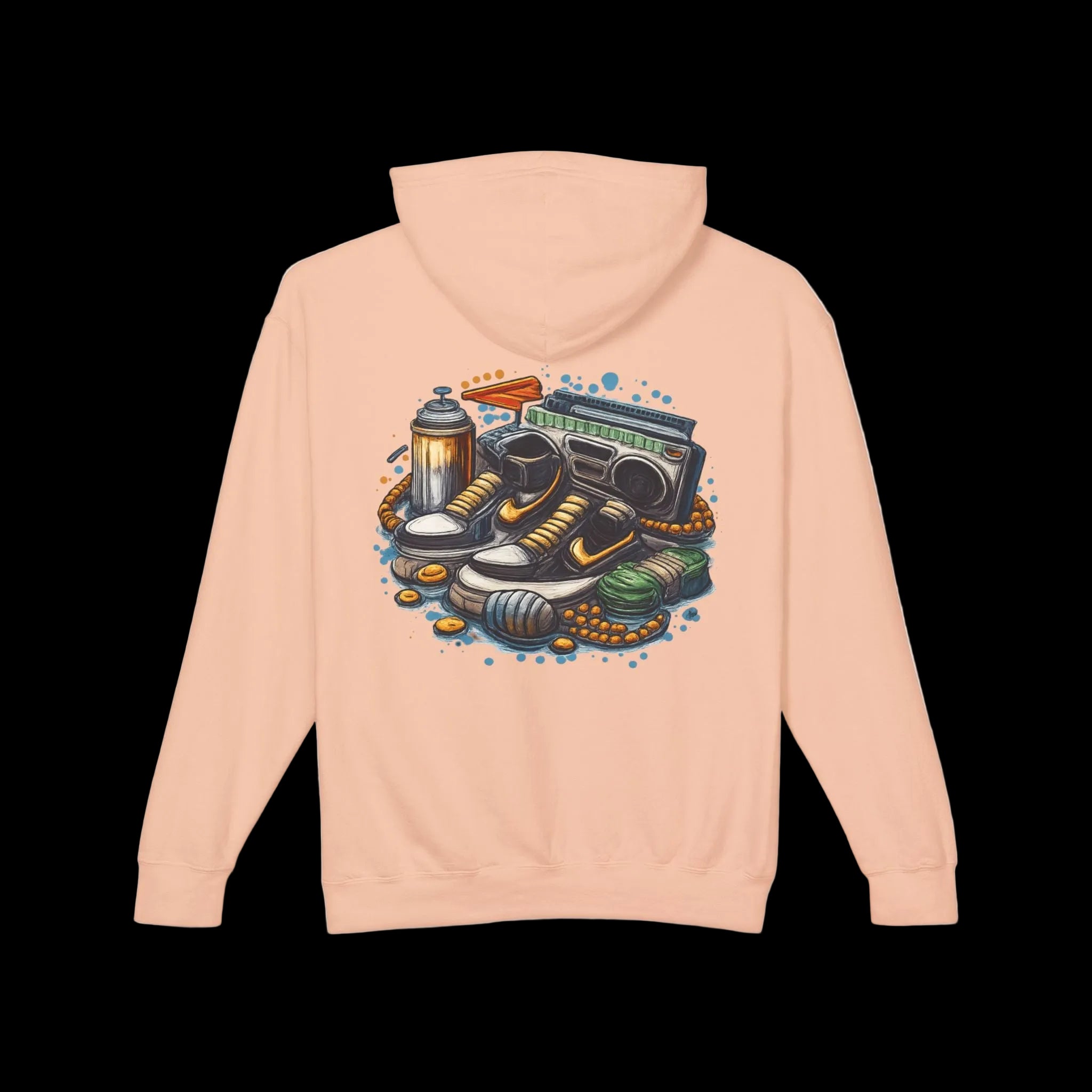 Retro Streetwear Hoodie — Sneakers, Boombox & Spray Can Graphic